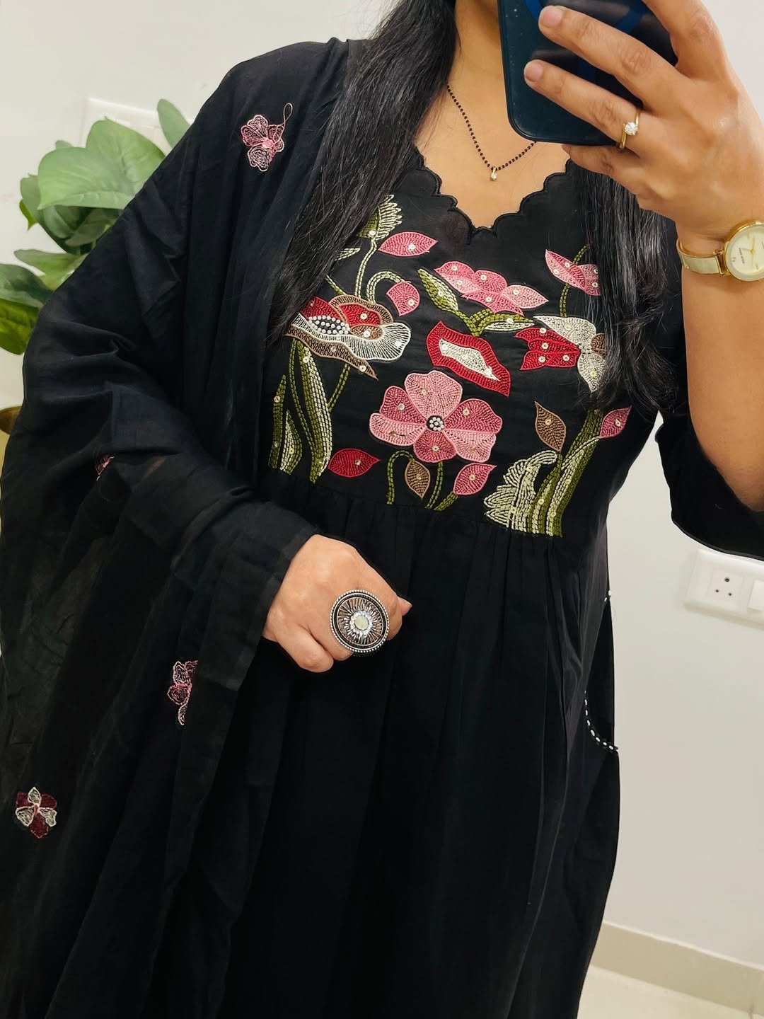 Black Anarkali Cotton Embroidered Suit Set